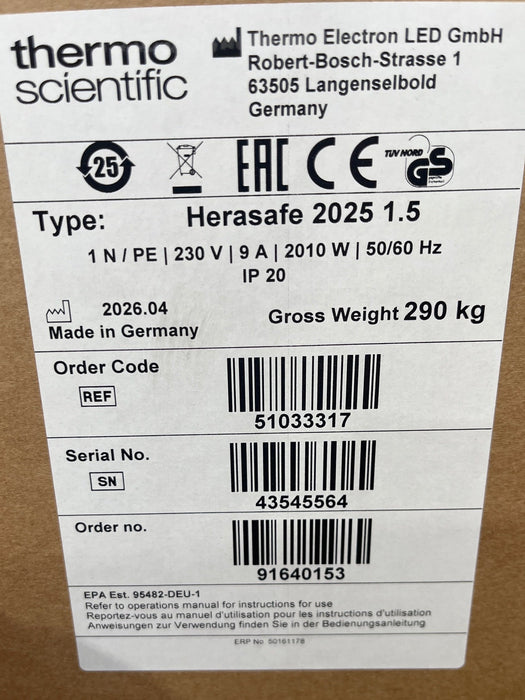 Thermo Scientific Herasafe 2025 Sicherheitswerkbank 1,5 m mit UV-Kreuzstrahler (2026/04)
