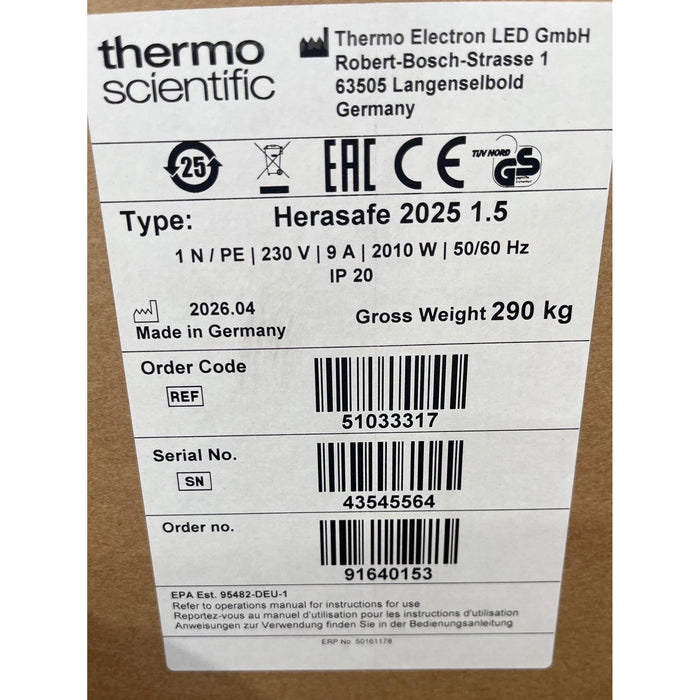 Thermo Scientific Herasafe 2025 Sicherheitswerkbank 1,5 m mit UV-Kreuzstrahler (2026/04)