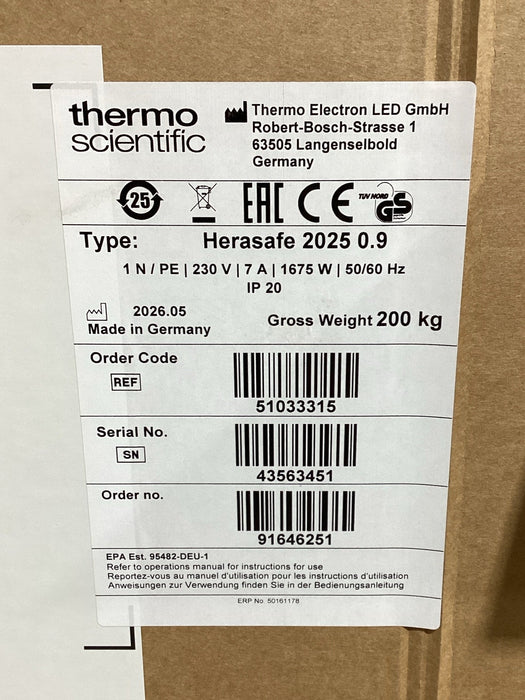Thermo Scientific Herasafe 2025 Sicherheitswerkbank 0,9 m mit UV-Kreuzstrahler (2026/05)