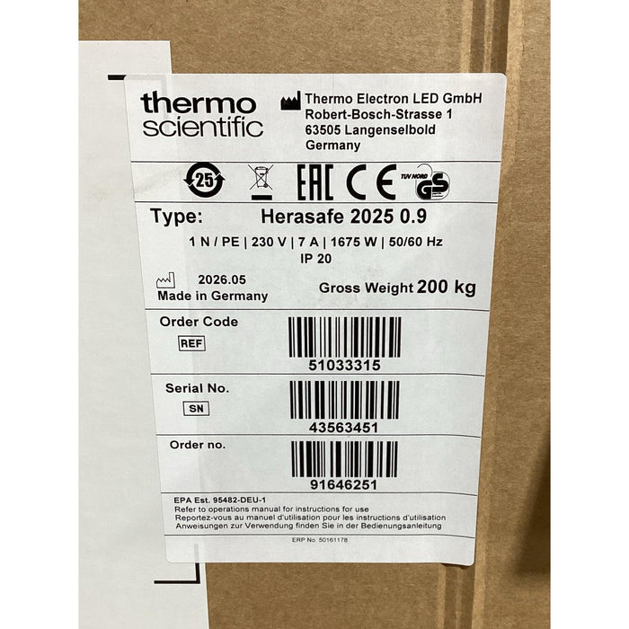 Thermo Scientific Herasafe 2025 Sicherheitswerkbank 0,9 m mit UV-Kreuzstrahler (2026/05)