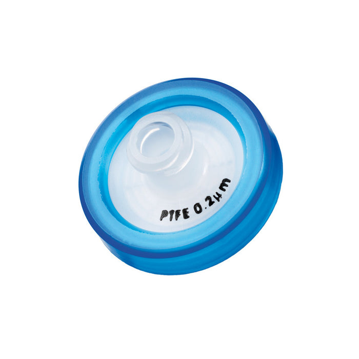 Spritzenvorsatzfilter ProFill, Ø=17 mm, PTFE, 0,20 µm, blauer Ring, Filterfläche 1,33 cm², hydrophob, max. 790 kPa, Luer-Lock-Einlass (weiblich), Luer-Slip-Auslass (männlich), VE=100, LABSOLUTE®