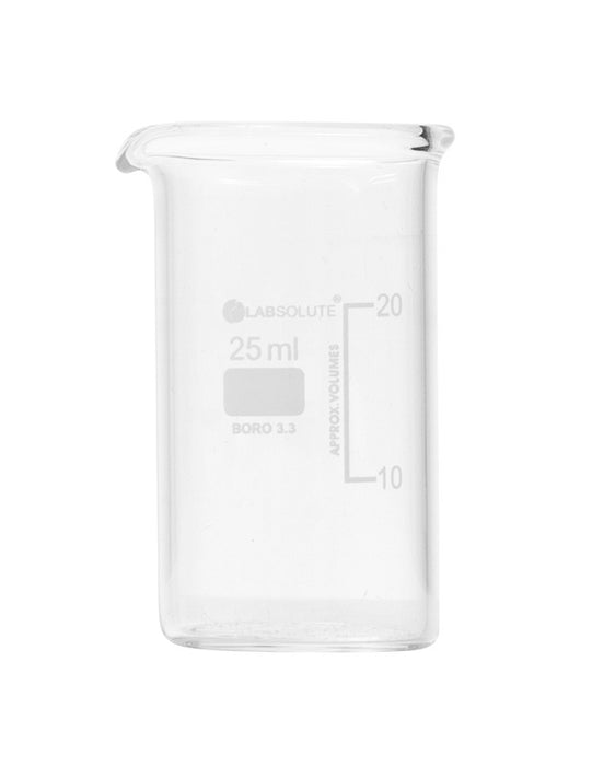 Bechergläser, hohe Form, aus Borosilikatglas 3.3, mit dauerhafter, aufgedruckter Volumenskala und Ausguss, 25 ml, gemäß DIN 12331 und ISO 3819, VE=10, LABSOLUTE®