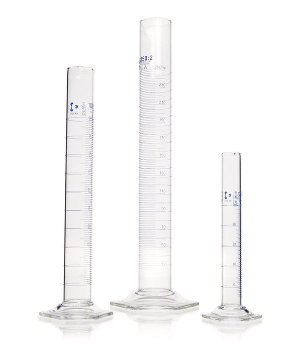 DURAN®-Messzylinder, Kl. A, Grad. blau, 100 ml, Teilung 1 ml, hohe Form (2 Stk.)