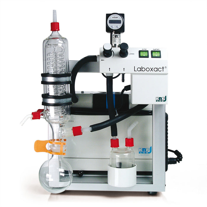 LABOXACT®-Vakuumsystem SEM 840, chemiefest, 34 l/min, Vakuum 8 mbar  inkl. Chemiefeste Membran-Vakuumpumpe, Basisplatte, Glasbauteile, Feinregulierventil, Vakuummeter (digital), Sicherheits-Belüftungsventil, Verkabelung und Verschlauchung. (1 Stk.)