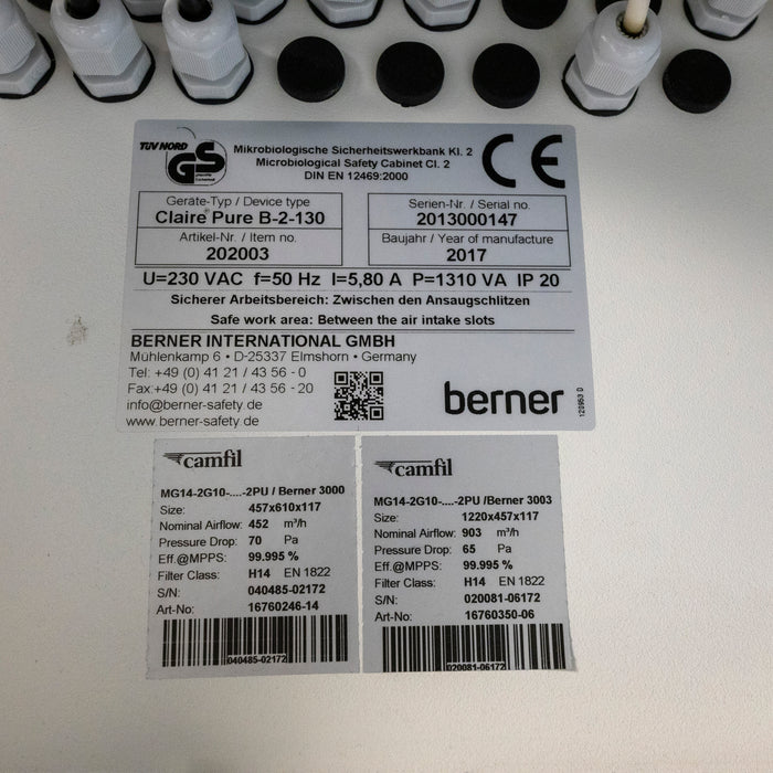 Berner Claire Pure B-2-130 – Biological Safety Cabinet 1.3 m