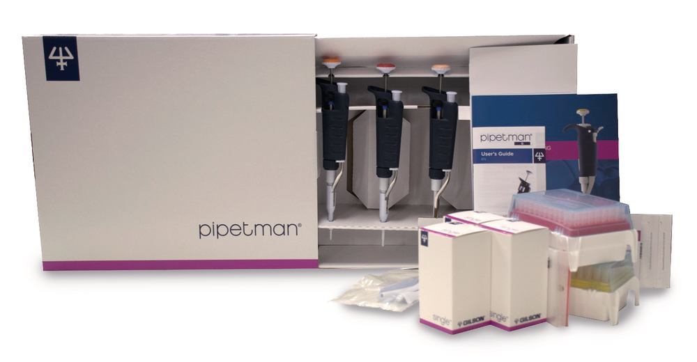 Micro-Volume-Kit, Pipetman® G inkl. 3 Mikroliterpipetten (P2G, P10G, P100G), 2 gefüllte Boxen mit Pipettenspitzen, 3 Single-Pipettenhalter und 3 Plastikabwerfer.