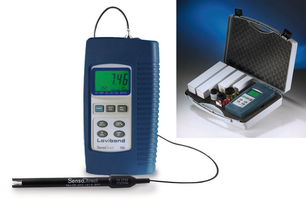 Kombi-Handmessgerät, SensoDirect 150  inkl. pH-Kunststoffelektrode, Temperaturfühler Leitfähigkeitsmesszelle, pH-Puffer 4 und 7, Kunststoffkoffer und 4 Batterien