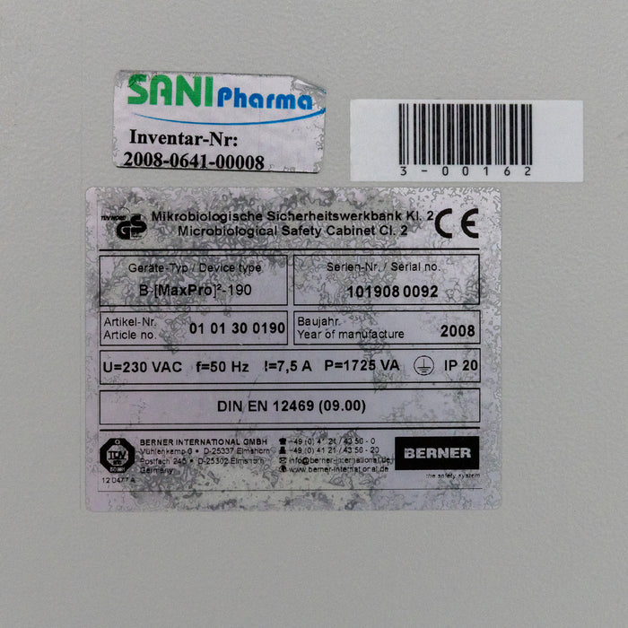 Berner FlowSafe B-Max-Pro-190 Cytotoxic Safety Cabinet