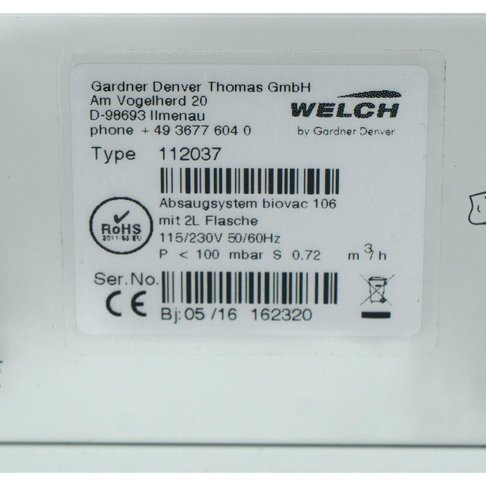 Welch biovac 106 mit 2L Glasgefäß Absaugsystem (05.2016)