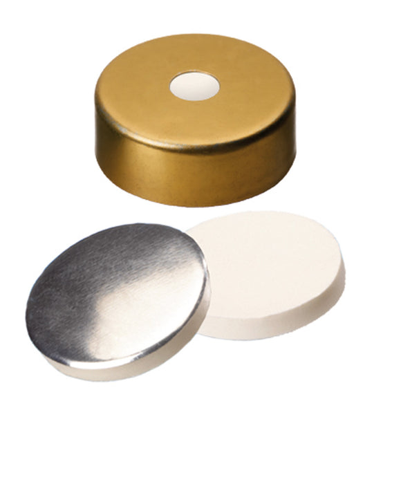 Bördelkappe ND20, Aluminium, gold lackiert, magnetisch, 5 mm Mittelloch, Silikon weiß/Aluminiumfolie silber, 3,0 mm, 50° shore A, VE=1000, LABSOLUTE®