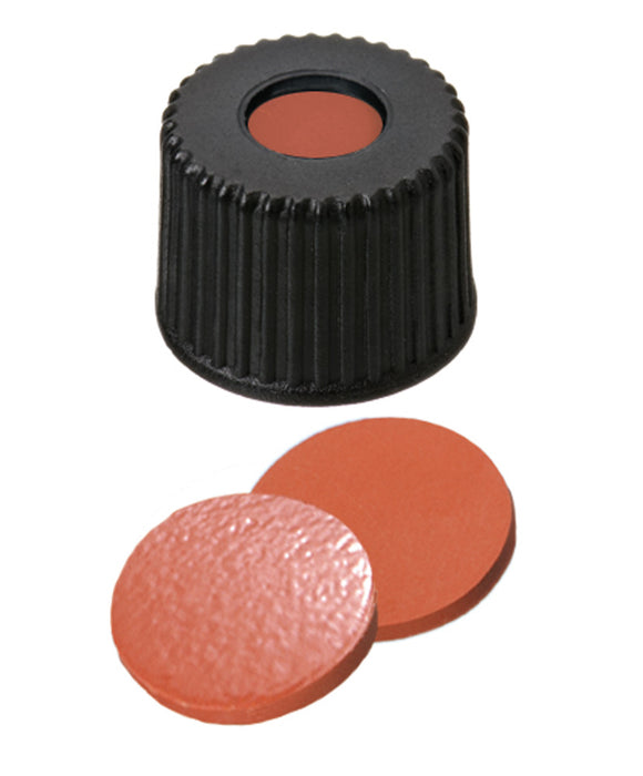 Schraubkappe ND8, PP, schwarz, 5,5 mm Mittelloch, Septum Naturkautschuk rot-orange/TEF transparent, 1,3 mm, 60° shore A, VE=100, LABSOLUTE®