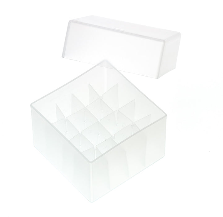 Aufbewahrungsbox, PP, transparent, 16 Positionen, für 1,5 / 1,8 / 2,0 ml Vials und 2,0 ml Flachbodengläser, mit Deckel, 67x67x45 mm, VE=1, LABSOLUTE®