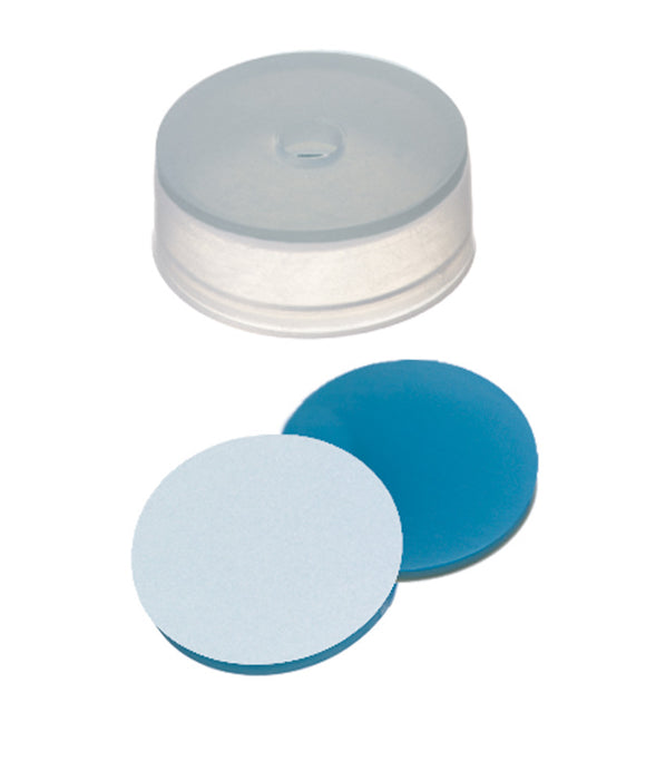 PE-Kappe ND20, 22 x 8,4 mm, für Bördelrand und HS-Rand, transparent, 4,3 mm Mittelloch, Septum Silikon blau-transparent/PTFE weiß, 1,3 mm, 45° shore A, VE=100, LABSOLUTE®