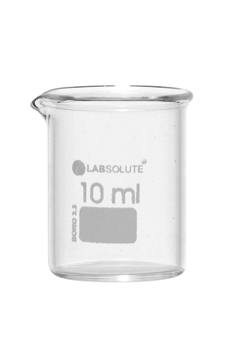 Bechergläser, niedrige Form, aus Borosilikatglas 3.3, mit dauerhafter, aufgedruckter Volumenskala und Ausguss, 10 ml, gemäß DIN 12331 und ISO 3819, VE=10, LABSOLUTE®