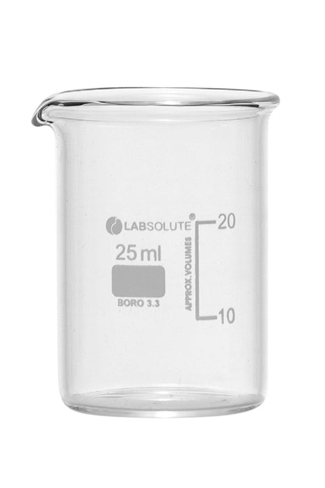 Bechergläser, niedrige Form, aus Borosilikatglas 3.3, mit dauerhafter, aufgedruckter Volumenskala und Ausguss, 25 ml, gemäß DIN 12331 und ISO 3819, VE=10, LABSOLUTE®