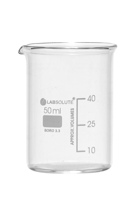 Bechergläser, niedrige Form, aus Borosilikatglas 3.3, mit dauerhafter, aufgedruckter Volumenskala und Ausguss, 50 ml, gemäß DIN 12331 und ISO 3819, VE=10, LABSOLUTE®