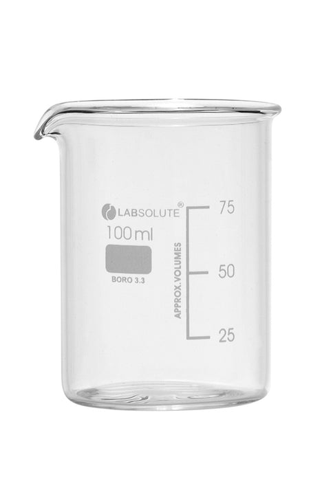 Bechergläser, niedrige Form, aus Borosilikatglas 3.3, mit dauerhafter, aufgedruckter Volumenskala und Ausguss, 100 ml, gemäß DIN 12331 und ISO 3819, VE=10, LABSOLUTE®
