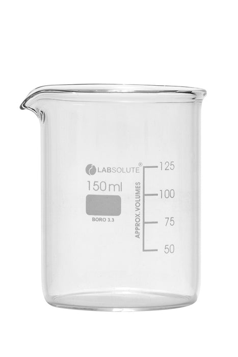 Bechergläser, niedrige Form, aus Borosilikatglas 3.3, mit dauerhafter, aufgedruckter Volumenskala und Ausguss, 150 ml, gemäß DIN 12331 und ISO 3819, VE=10, LABSOLUTE®