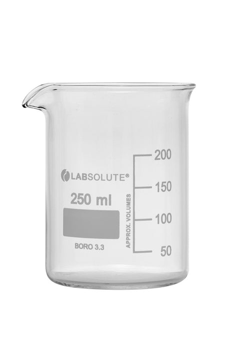 Bechergläser, niedrige Form, aus Borosilikatglas 3.3, mit dauerhafter, aufgedruckter Volumenskala und Ausguss, 250 ml, gemäß DIN 12331 und ISO 3819, VE=10, LABSOLUTE®