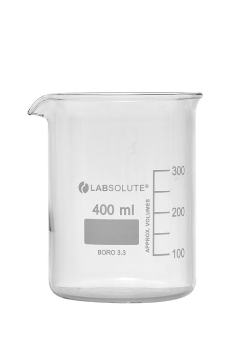 Bechergläser, niedrige Form, aus Borosilikatglas 3.3, mit dauerhafter, aufgedruckter Volumenskala und Ausguss, 400 ml, gemäß DIN 12331 und ISO 3819, VE=10, LABSOLUTE®