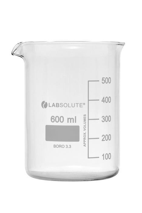 Bechergläser, niedrige Form, aus Borosilikatglas 3.3, mit dauerhafter, aufgedruckter Volumenskala und Ausguss, 600 ml, gemäß DIN 12331 und ISO 3819, VE=10, LABSOLUTE®