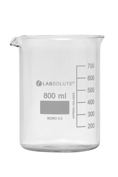 Bechergläser, niedrige Form, aus Borosilikatglas 3.3, mit dauerhafter, aufgedruckter Volumenskala und Ausguss, 800 ml, gemäß DIN 12331 und ISO 3819, VE=10, LABSOLUTE®