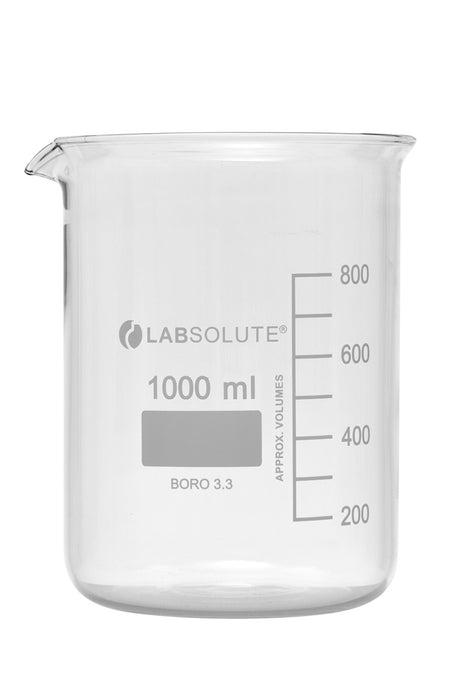Bechergläser, niedrige Form, aus Borosilikatglas 3.3, mit dauerhafter, aufgedruckter Volumenskala und Ausguss, 1000 ml, gemäß DIN 12331 und ISO 3819, VE=10, LABSOLUTE®