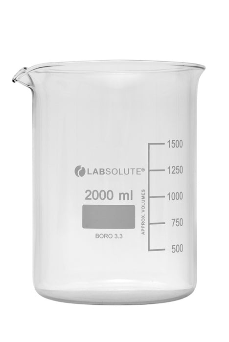 Bechergläser, niedrige Form, aus Borosilikatglas 3.3, mit dauerhafter, aufgedruckter Volumenskala und Ausguss, 2000 ml, gemäß DIN 12331 und ISO 3819, VE=4, LABSOLUTE®