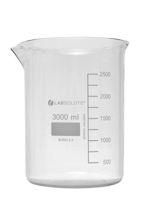 Bechergläser, niedrige Form, aus Borosilikatglas 3.3, mit dauerhafter, aufgedruckter Volumenskala und Ausguss, 3000 ml, gemäß DIN 12331 und ISO 3819, VE=4, LABSOLUTE®