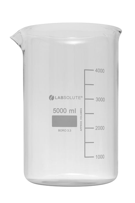 Bechergläser, niedrige Form, aus Borosilikatglas 3.3, mit dauerhafter, aufgedruckter Volumenskala und Ausguss, 5000 ml, gemäß DIN 12331 und ISO 3819, VE=2, LABSOLUTE®