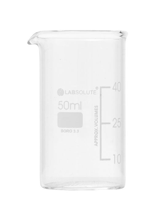 Bechergläser, hohe Form, aus Borosilikatglas 3.3, mit dauerhafter, aufgedruckter Volumenskala und Ausguss, 50 ml, gemäß DIN 12331 und ISO 3819, VE=10, LABSOLUTE®