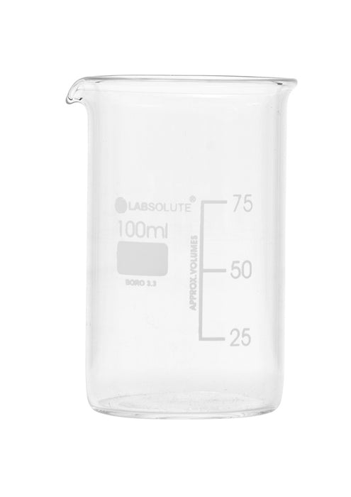 Bechergläser, hohe Form, aus Borosilikatglas 3.3, mit dauerhafter, aufgedruckter Volumenskala und Ausguss, 100 ml, gemäß DIN 12331 und ISO 3819, VE=10, LABSOLUTE®
