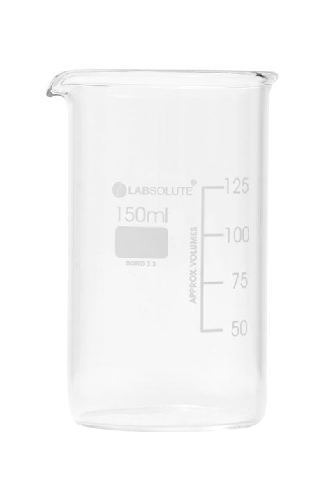 Bechergläser, hohe Form, aus Borosilikatglas 3.3, mit dauerhafter, aufgedruckter Volumenskala und Ausguss, 150 ml, gemäß DIN 12331 und ISO 3819, VE=10, LABSOLUTE®