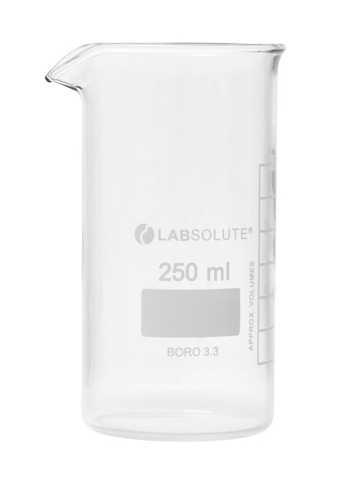 Bechergläser, hohe Form, aus Borosilikatglas 3.3, mit dauerhafter, aufgedruckter Volumenskala und Ausguss, 250 ml, gemäß DIN 12331 und ISO 3819, VE=10, LABSOLUTE®