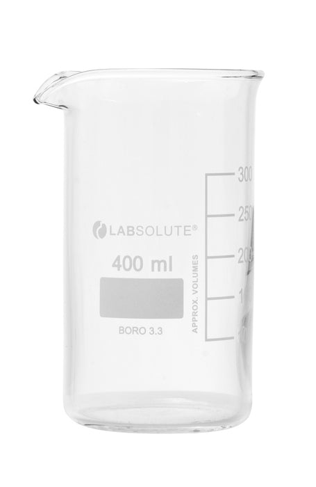 Bechergläser, hohe Form, aus Borosilikatglas 3.3, mit dauerhafter, aufgedruckter Volumenskala und Ausguss, 400 ml, gemäß DIN 12331 und ISO 3819, VE=10, LABSOLUTE®