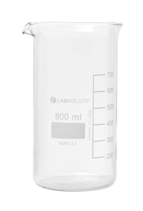 Bechergläser, hohe Form, aus Borosilikatglas 3.3, mit dauerhafter, aufgedruckter Volumenskala und Ausguss, 800 ml, gemäß DIN 12331 und ISO 3819, VE=10, LABSOLUTE®