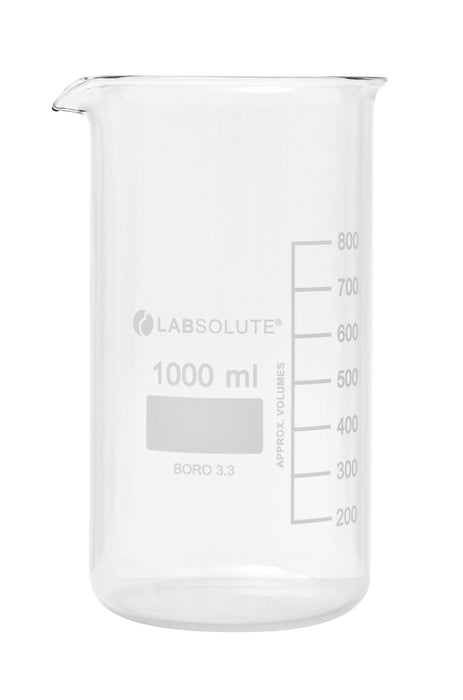Bechergläser, hohe Form, aus Borosilikatglas 3.3, mit dauerhafter, aufgedruckter Volumenskala und Ausguss, 1000 ml, gemäß DIN 12331 und ISO 3819, VE=10, LABSOLUTE®