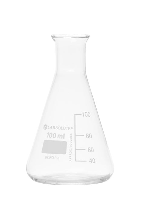 Erlenmeyerkolben, Enghals, aus Borosilikatglas 3.3, mit dauerhafter, aufgedruckter Volumenskala, 100 ml, gemäß ISO 1773, VE=10, LABSOLUTE®