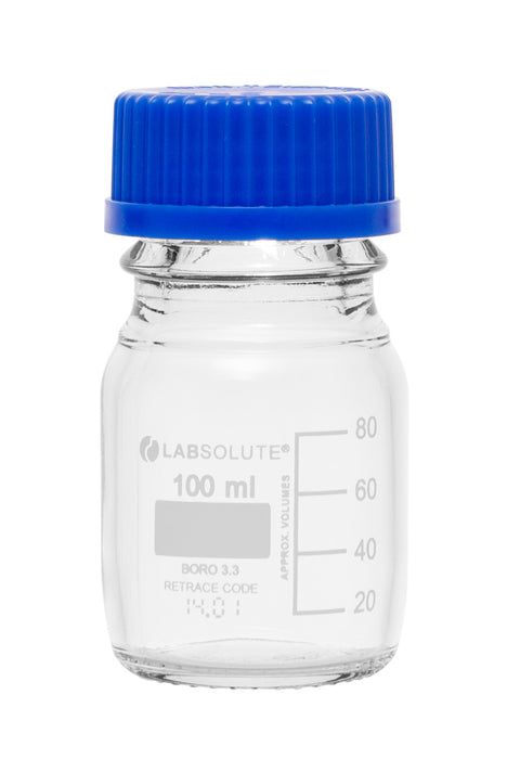 Laborflaschen, 100 ml, Klarglas, GL45, aus Borosilikatglas 3.3, mit blauen Schraubkappen und Ausgießringen aus PP, gemäß ISO 4796-1, VE=10, LABSOLUTE®