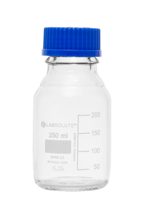 Laborflaschen, 250 ml, Klarglas, GL45, aus Borosilikatglas 3.3, mit blauen Schraubkappen und Ausgießringen aus PP, gemäß ISO 4796-1, VE=10, LABSOLUTE®