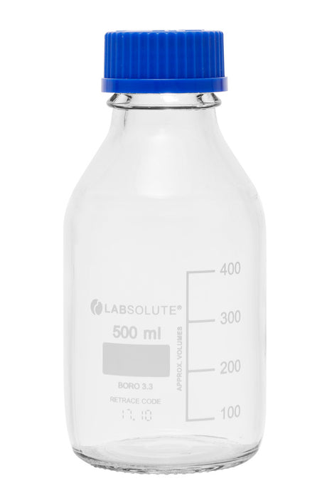 Laborflaschen, 500 ml, Klarglas, GL45, aus Borosilikatglas 3.3, mit blauen Schraubkappen und Ausgießringen aus PP, gemäß ISO 4796-1, VE=10, LABSOLUTE®