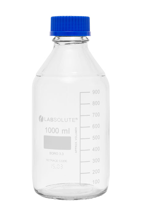 Laborflaschen, 1000 ml, Klarglas, GL45, aus Borosilikatglas 3.3, mit blauen Schraubkappen und Ausgießringen aus PP, gemäß ISO 4796-1, VE=10, LABSOLUTE®
