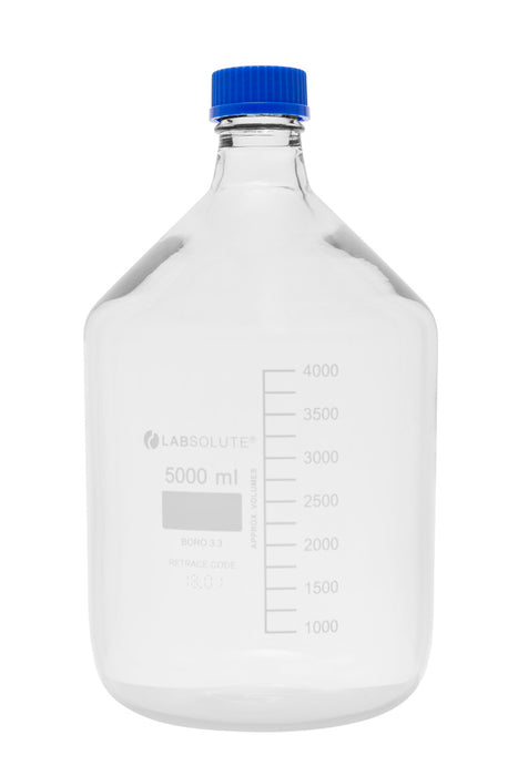 Laborflaschen, 5000 ml, Klarglas, GL45, aus Borosilikatglas 3.3, mit blauen Schraubkappen und Ausgießringen aus PP, gemäß ISO 4796-1, VE=1, LABSOLUTE®