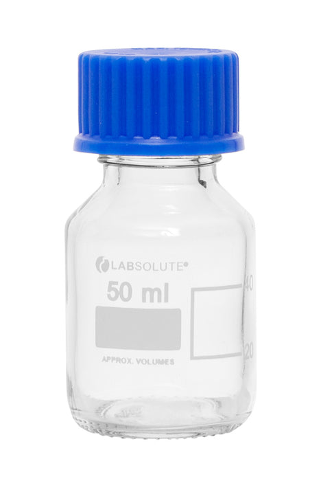 Laborflaschen, 50 ml, Klarglas, GL32, aus Borosilikatglas 3.3, mit blauen Schraubkappen und Ausgießringen aus PP, gemäß ISO 4796-1, VE=10, LABSOLUTE®