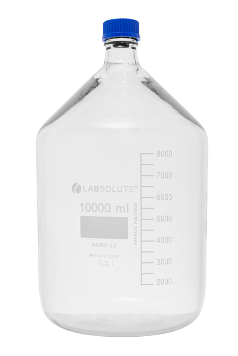 Laborflaschen, 10000 ml, Klarglas, GL45, aus Borosilikatglas 3.3, mit blauen Schraubkappen und Ausgießringen aus PP, gemäß ISO 4796-1, VE=1, LABSOLUTE®
