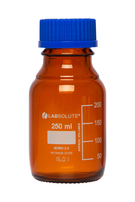 Laborflaschen, 250 ml, Braunglas, GL45, aus Borosilikatglas 3.3, mit blauen Schraubkappen und Ausgießringen aus PP, gemäß ISO 4796-1, VE=10, LABSOLUTE®