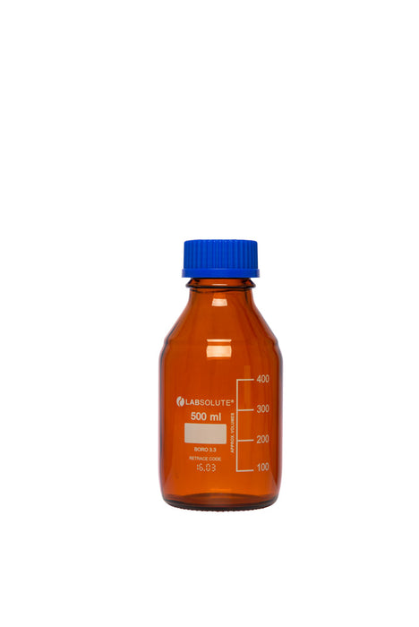 Laborflaschen, 500 ml, Braunglas, GL45, aus Borosilikatglas 3.3, mit blauen Schraubkappen und Ausgießringen aus PP, gemäß ISO 4796-1, VE=10, LABSOLUTE®