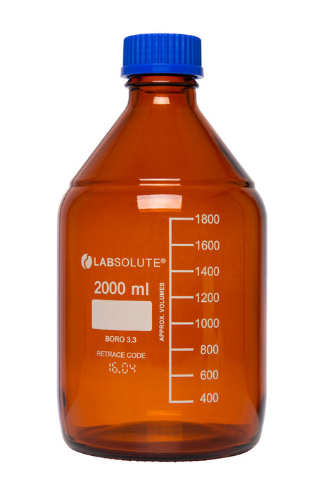 Laborflaschen, 2000 ml, Braunglas, GL45, aus Borosilikatglas 3.3, mit blauen Schraubkappen und Ausgießringen aus PP, gemäß ISO 4796-1, VE=10, LABSOLUTE®