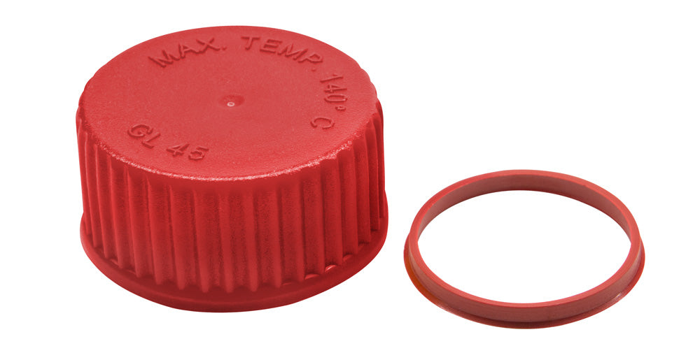 Schraubverschlusskappe, GL45, rot, aus PBT, mit eingelegter, PTFE-beschichteter Silikondichtung, temperaturbeständig bis 180 °C, passend zu allen GL45- Schraubgewinden, VE=1, LABSOLUTE®