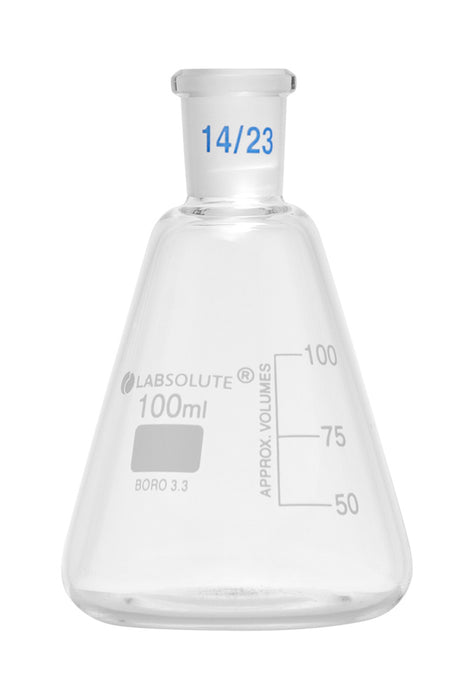 Erlenmeyerkolben, mit Normschliff, Borosilikatglas 3.3, mit dauerhafter, aufgedruckter Volumenskala, 100 ml, NS 14/23, gemäß DIN EN ISO 4797, VE=1, LABSOLUTE®